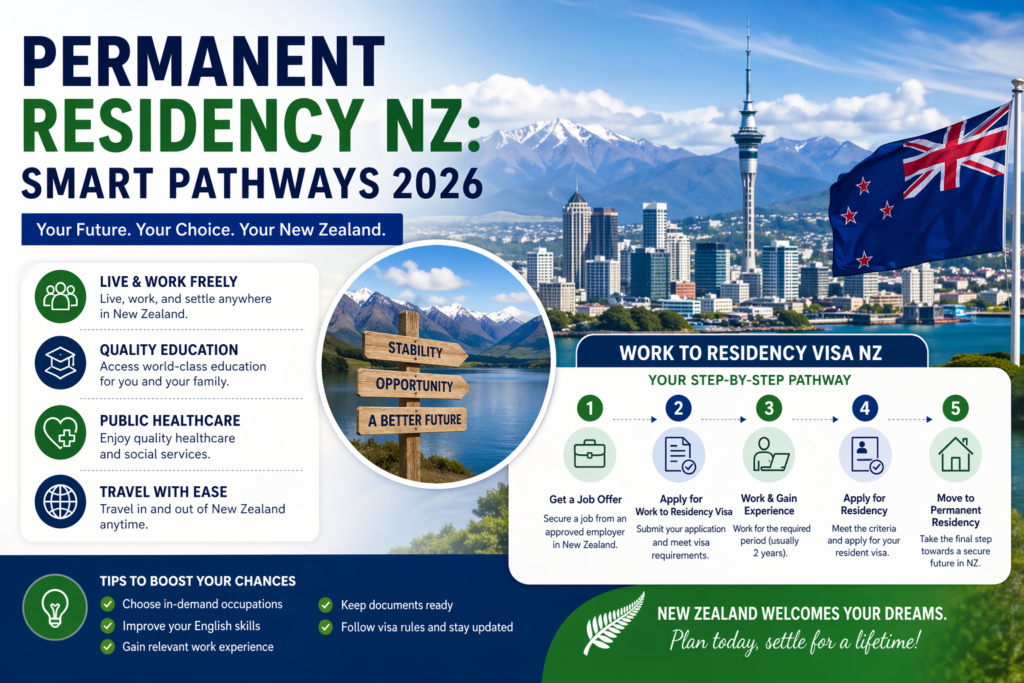 Permanent Residency NZ pathway with Work to Residency Visa NZ process illustration