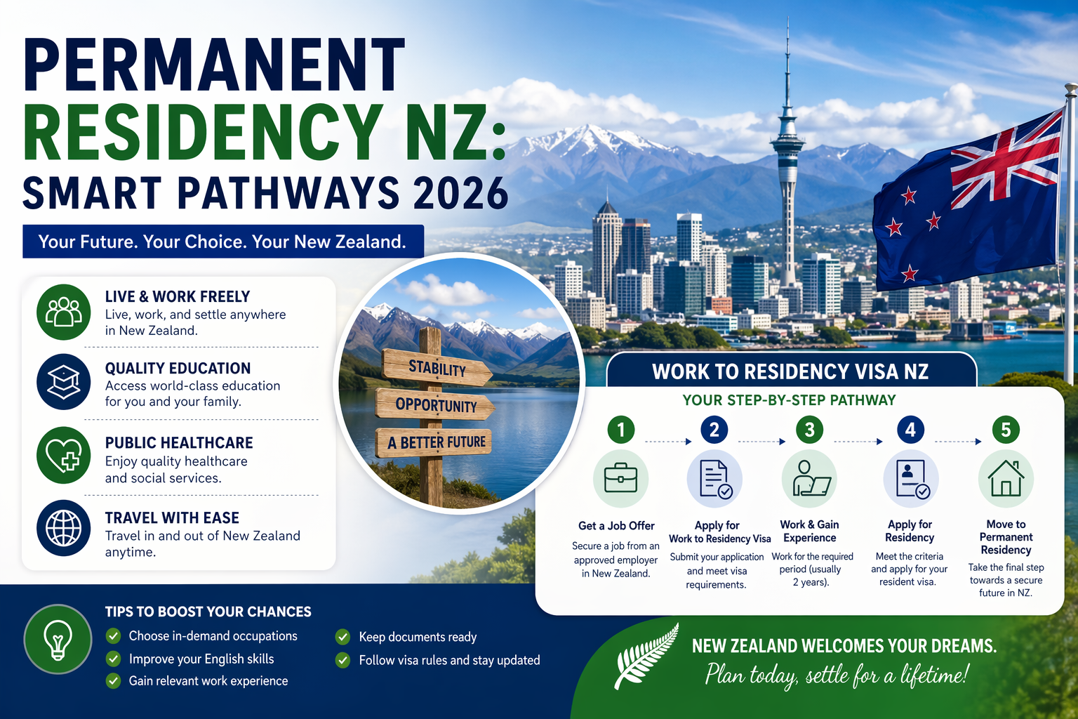 Permanent Residency NZ pathway with Work to Residency Visa NZ process illustration